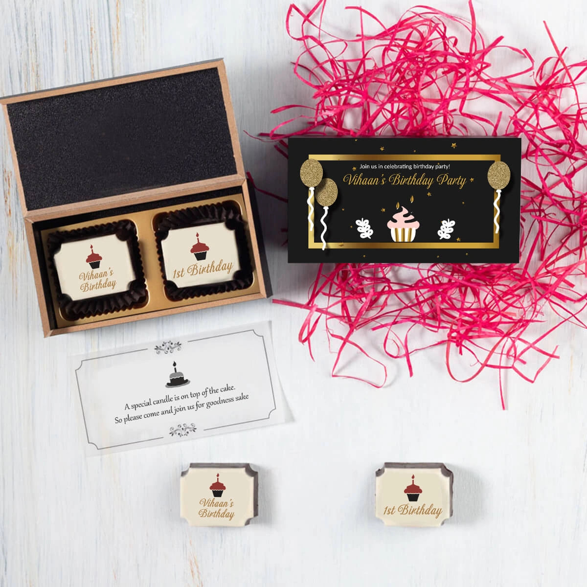 Chocolate gift box with printed design for birthday celebration invitation