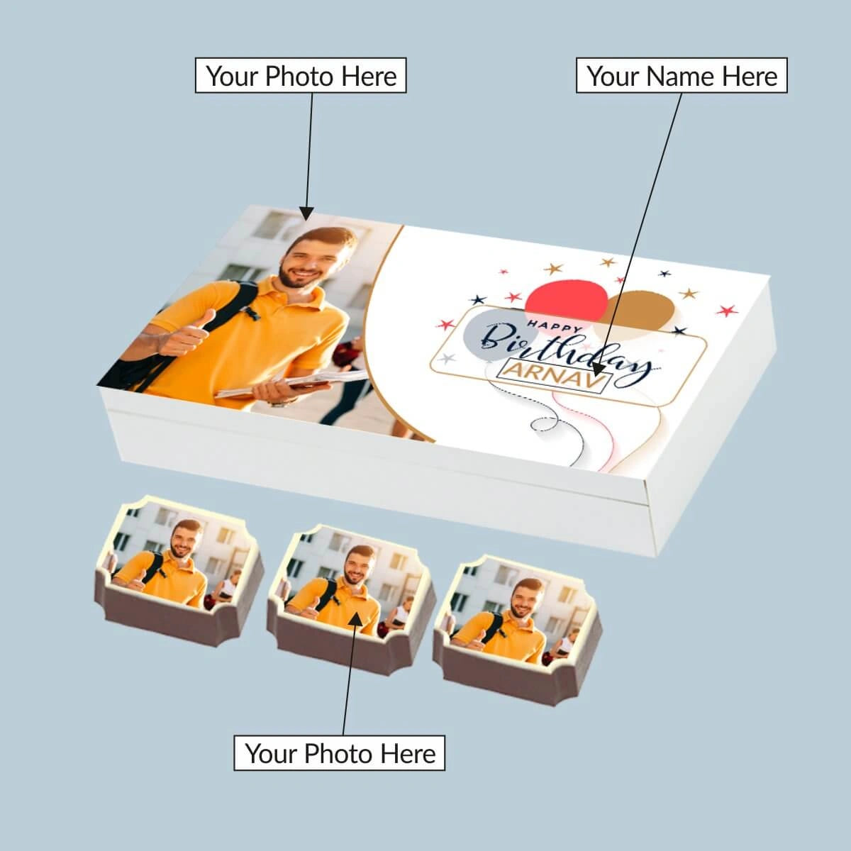 Birthday gifts for men featuring customized chocolate for birthday wrappers