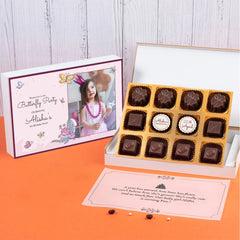 Elegant birthday invitation box for adults with printed chocolate center