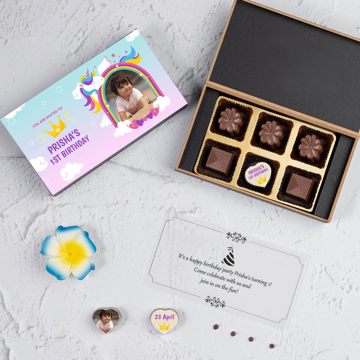 Close-up of printed chocolate for birthday invitation card for first birthday