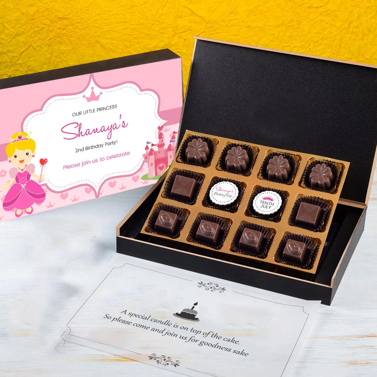 Front view of 12 chocolate box for birthday invitation card online with photo