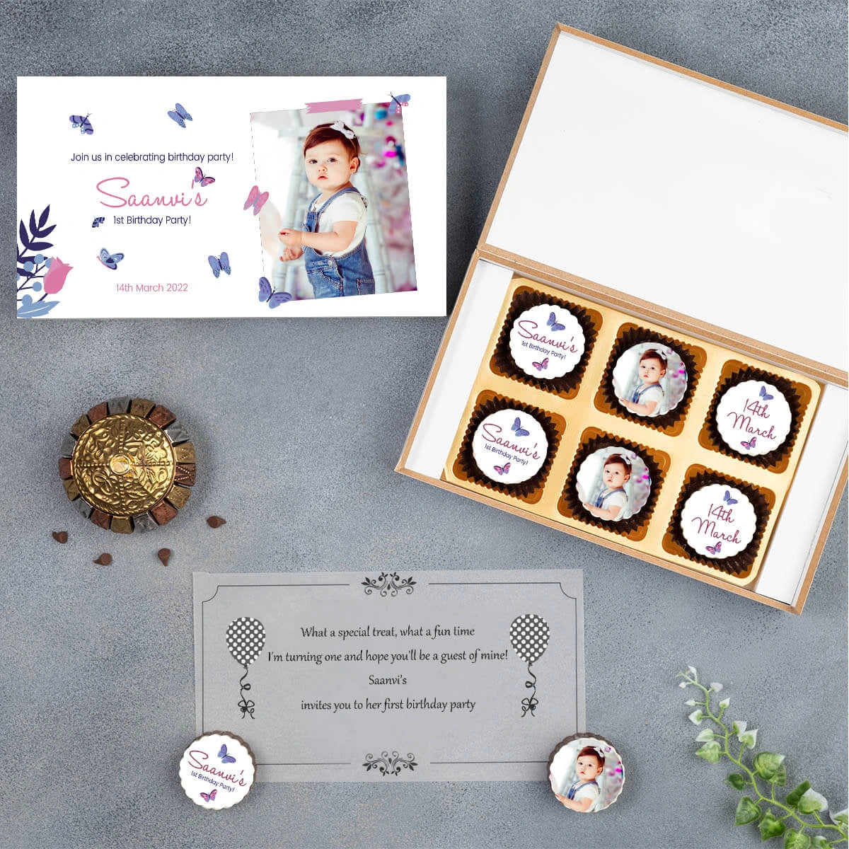 Elegant packaging of sample box with edible printed chocolates for birthday invitations