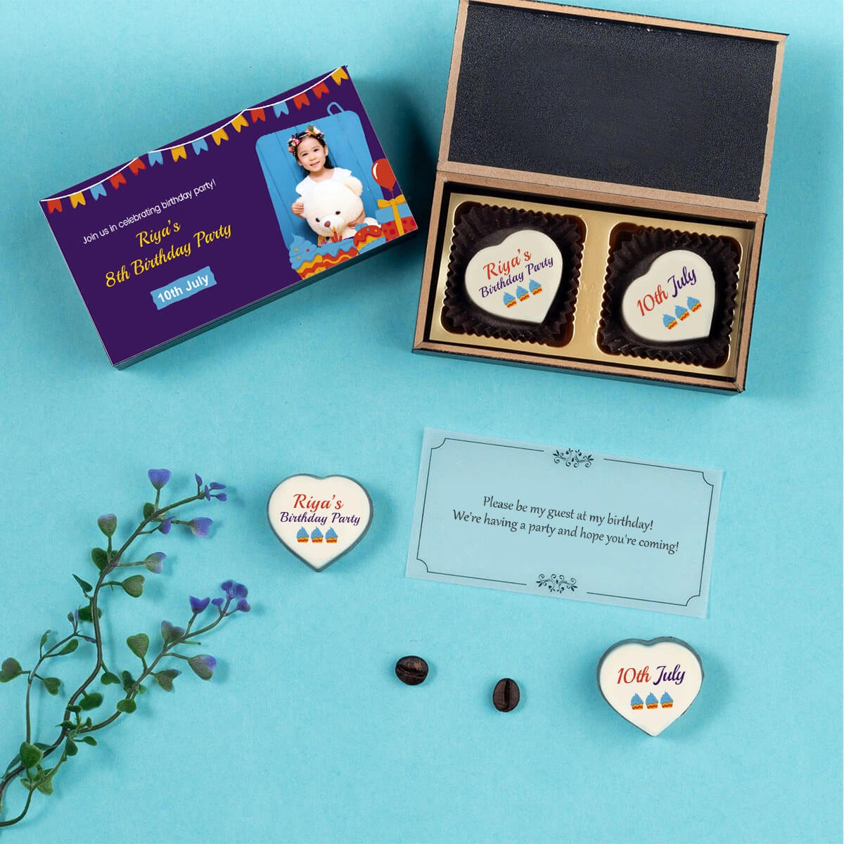 Printed chocolates displayed inside birthday invitation gift box