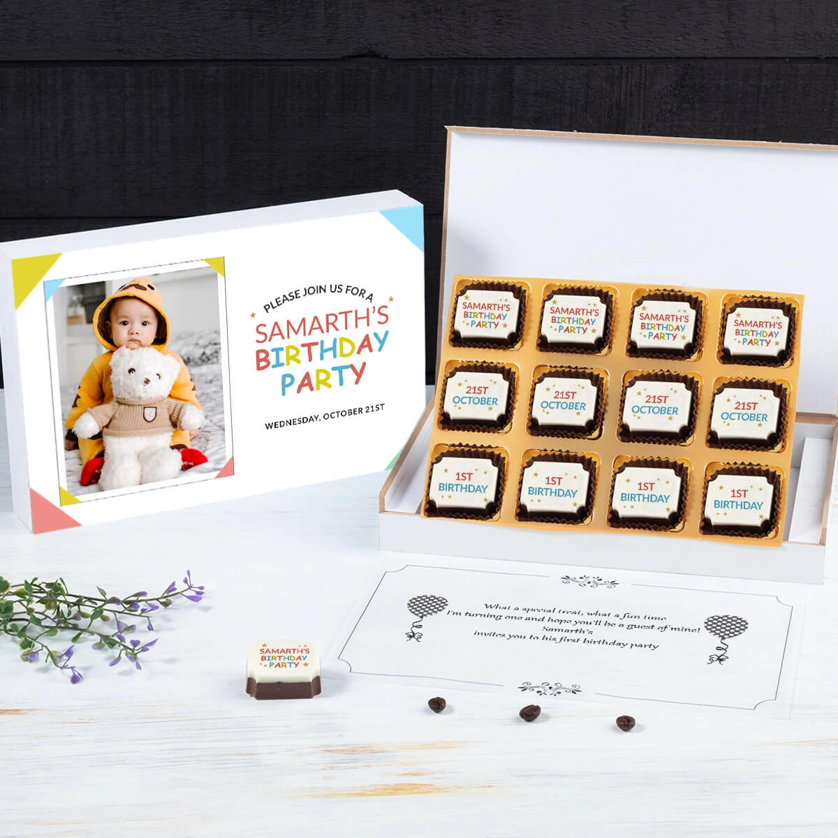 Unique chocolate invitation box designed for birthday parties with friends