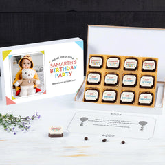 Online birthday party invitation card with 12 printed chocolates in elegant box