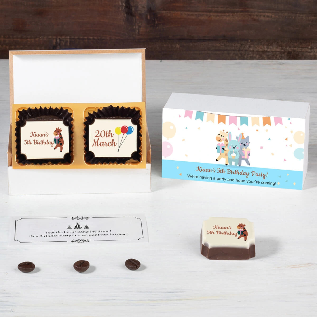 Open chocolate box with printed message – perfect for party invite