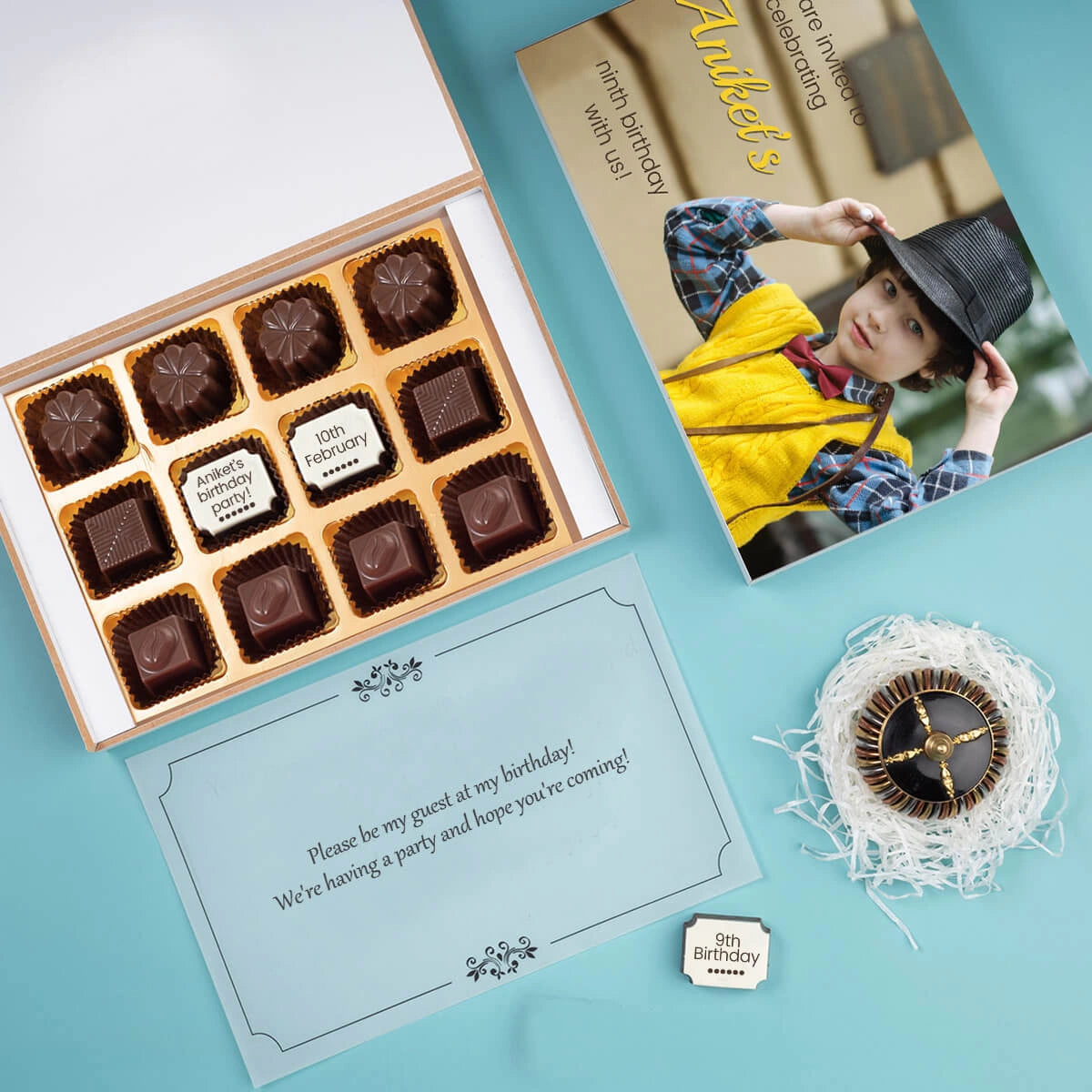Birthday invitation card with photo printed on chocolates in 12 box
