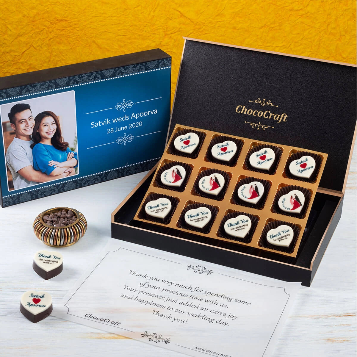 Boxed chocolate wedding favors with custom printed designs