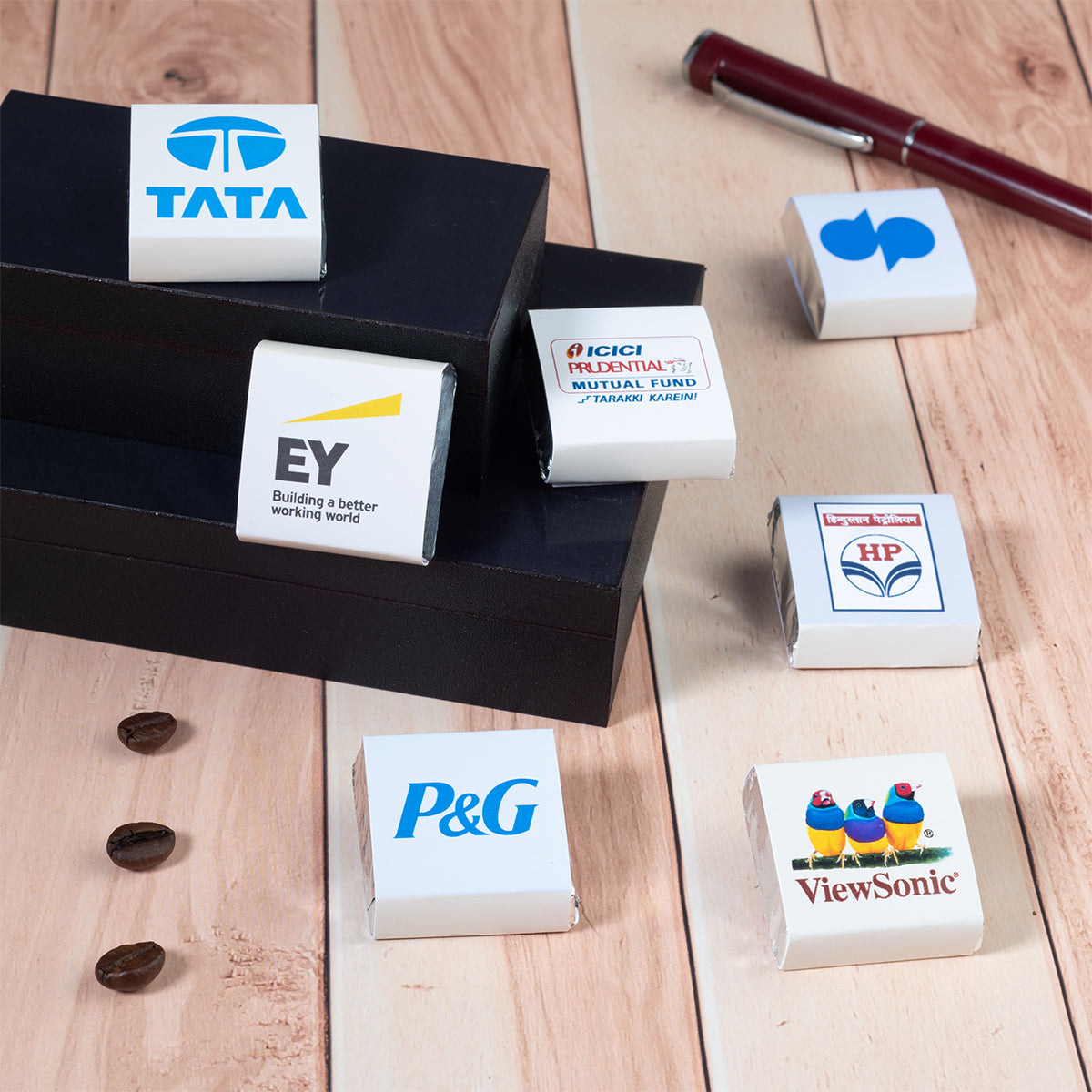 Business gift box with 9 chocolates wrapped in company logo