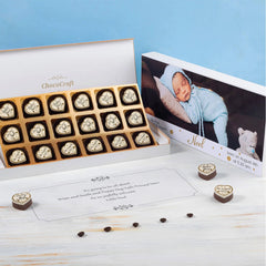 Front view of 18 piece chocolate birth announcement box for bulk orders