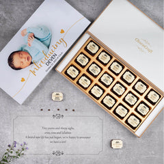 Close-up of printed chocolates with baby name – ideal for chocolate birth announcements