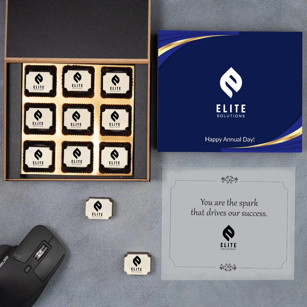 MDF wooden box with logo-printed chocolates for Annual Day gifting