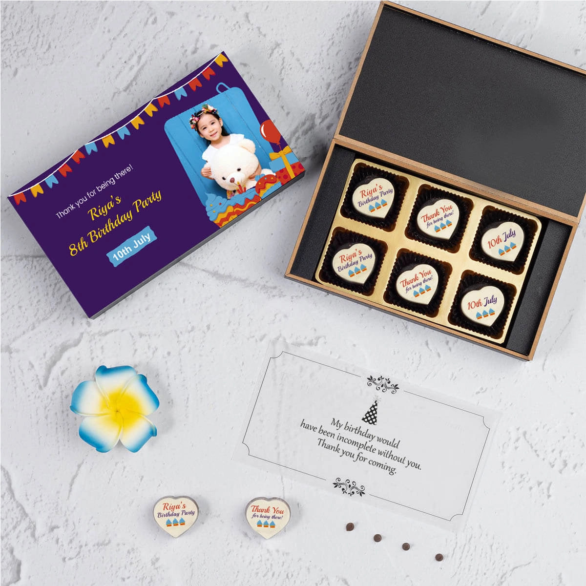 Sample return gift for birthday party – 6 chocolate box with prints