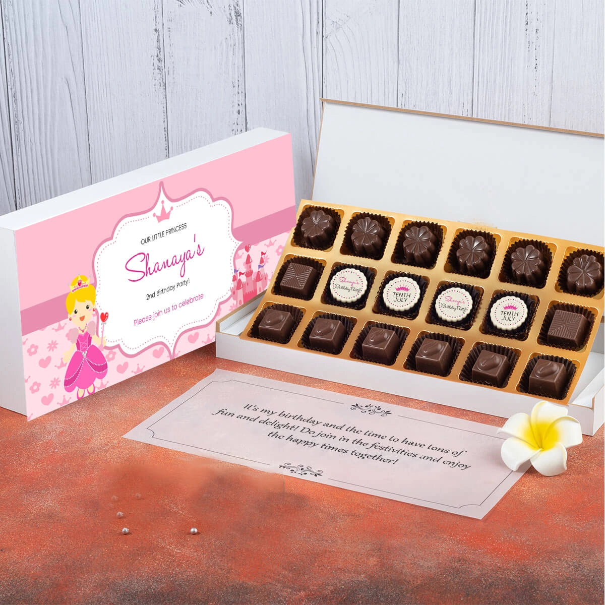 Candy-themed birthday invitation with 4 printed chocolates in the center