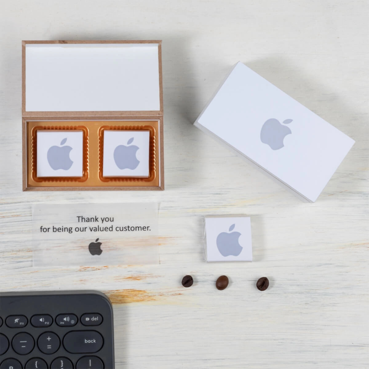 Sample corporate chocolate gift box with two wrapped chocolates