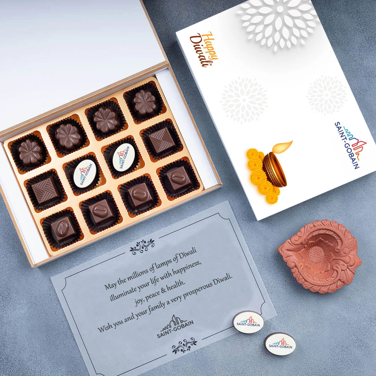 Corporate Diwali gift box with printed logo chocolates for clients and customers