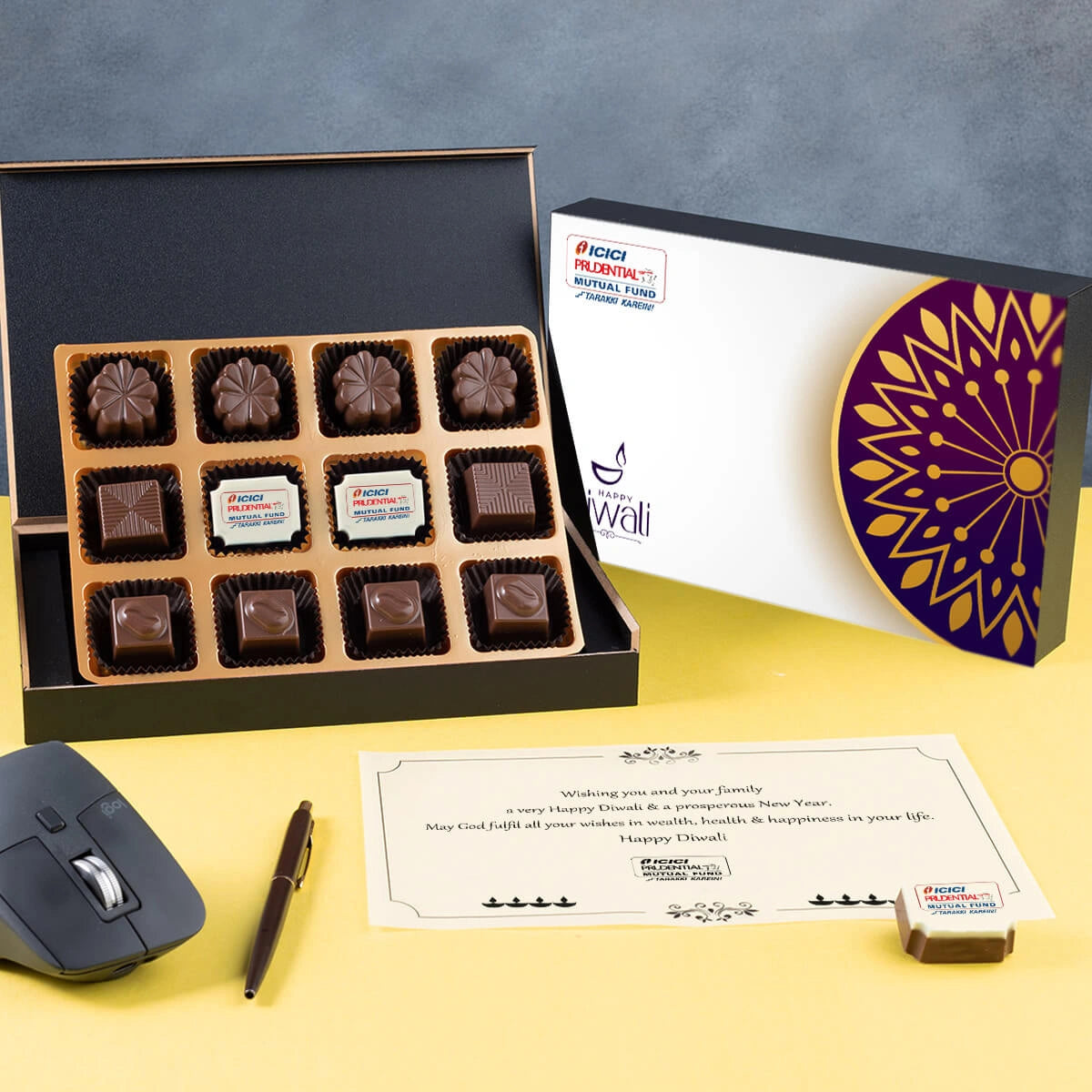 Sample chocolate gift box for company employees with logo branding