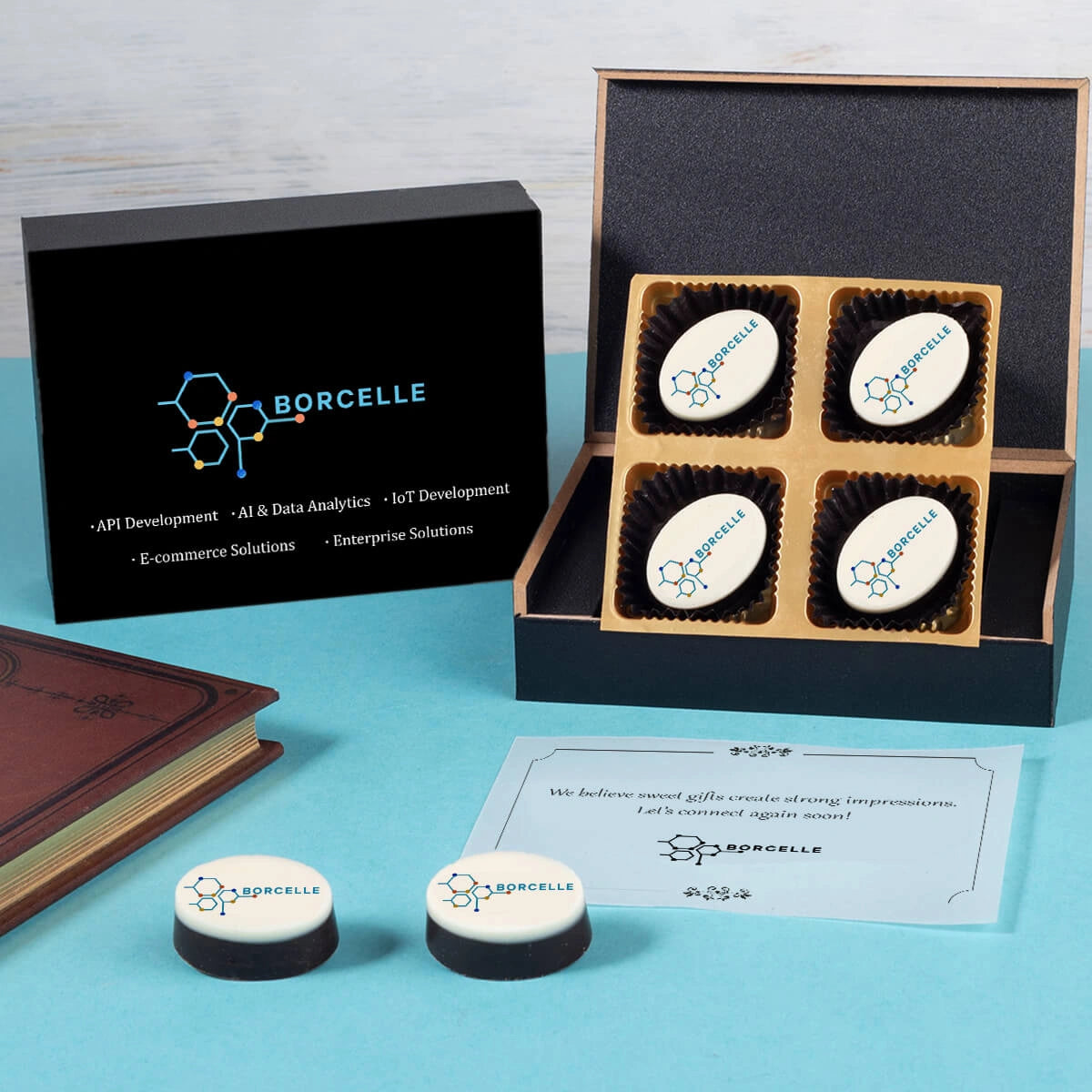 open corporate exhibition giveaway box showing branded chocolates neatly placed