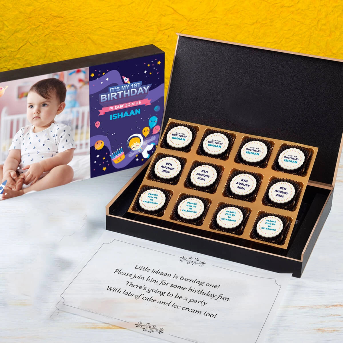 Open 12-chocolate box of custom 1st birthday invitations