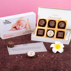 Front view of 6 chocolate box – custom baby announcement gift sample