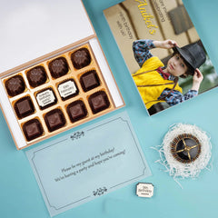 Custom chocolate box for adult birthday invitations – 12 pieces