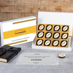 Custom car delivery gift set showing printed chocolates inside elegant box