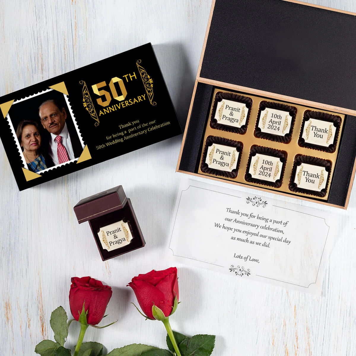 Custom chocolate box with printed chocolates for marriage anniversary return gift