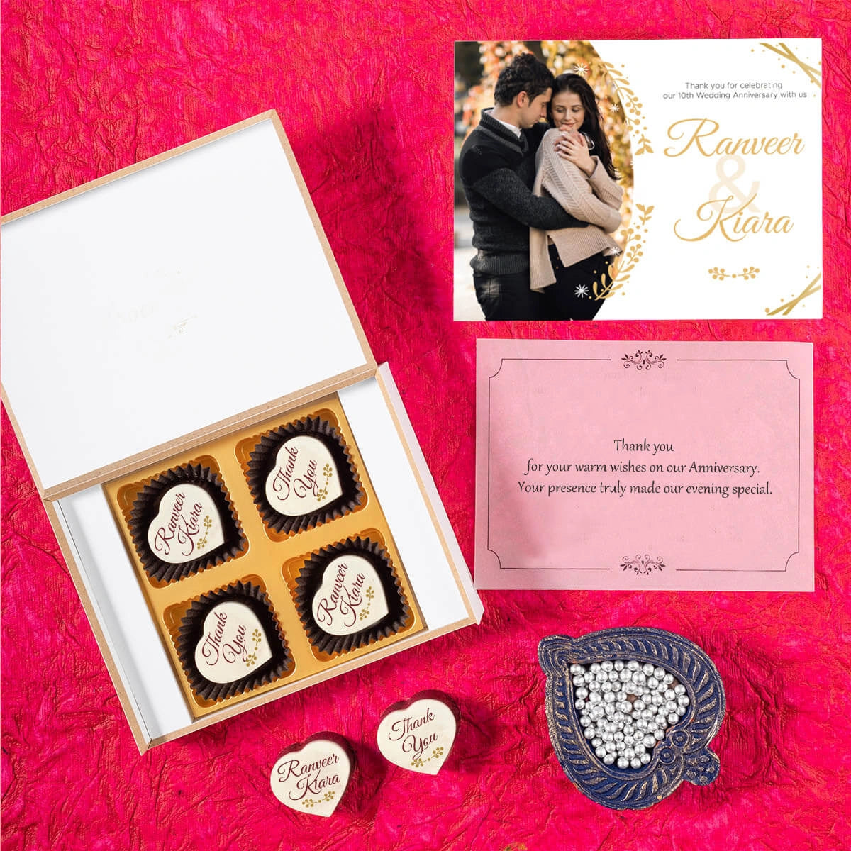 Custom printed chocolates in 4-piece box for anniversary return gifts
