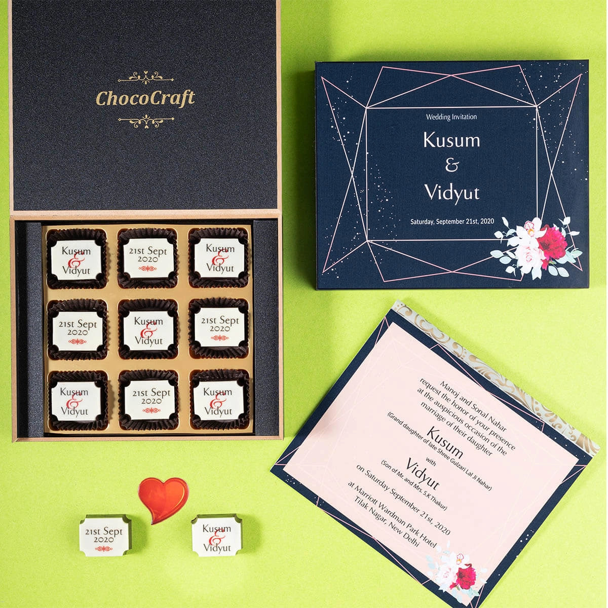 Unique wedding invitation card in customized wooden box – 9 chocolate version