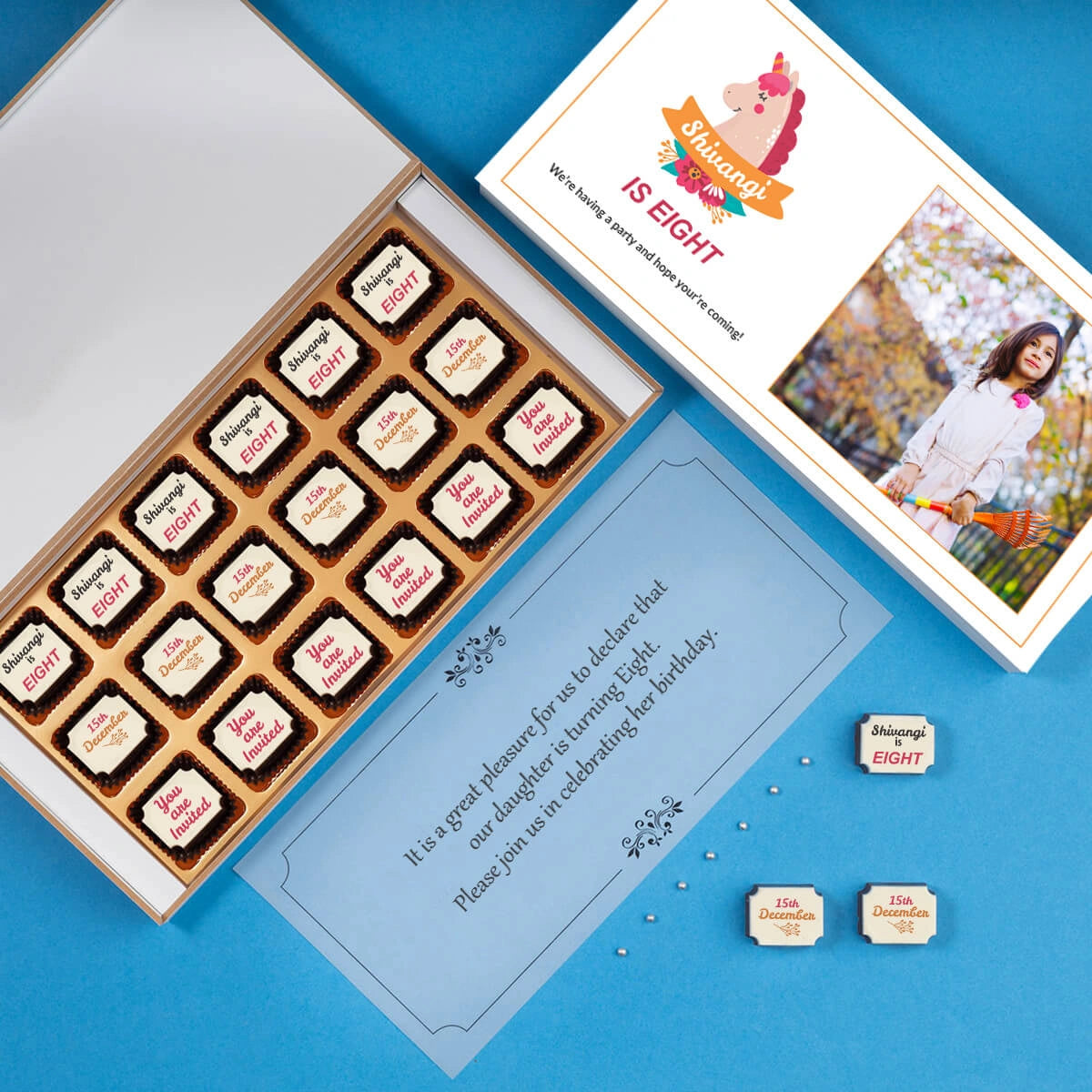 Unique birthday invitation idea with custom chocolate gift box