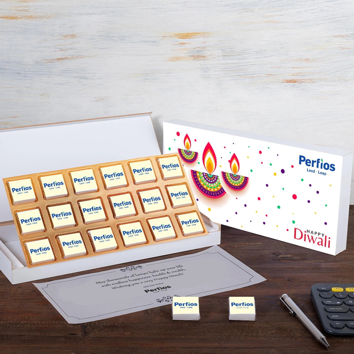 Sample Diwali corporate gift box with logo-wrapped chocolates