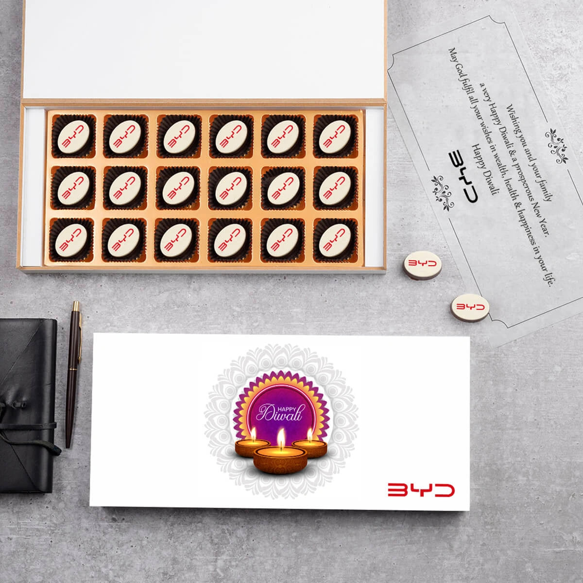 Printed chocolates in wooden box – thoughtful Diwali employee gifting idea