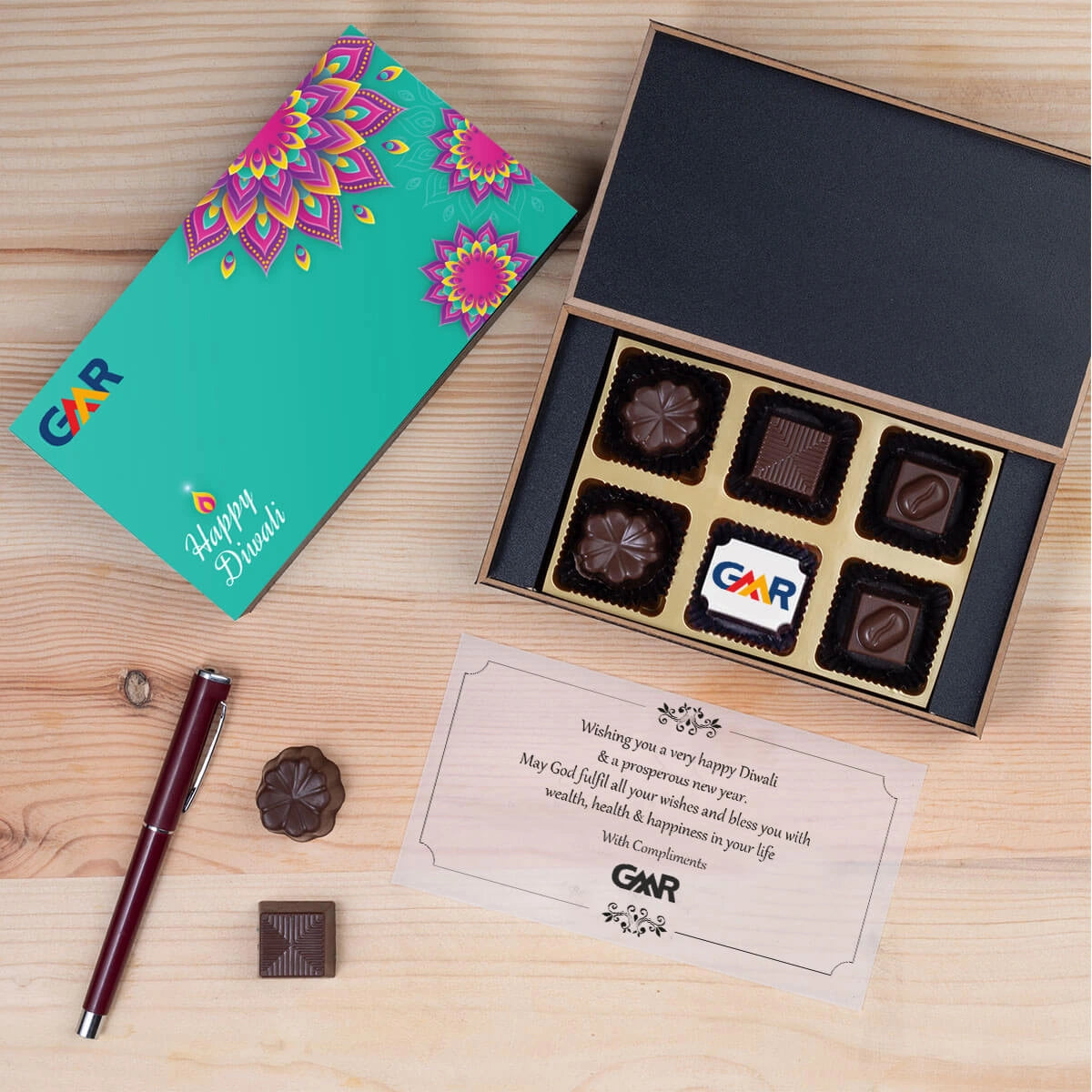 Diwali gift box for employees with one customized logo chocolate