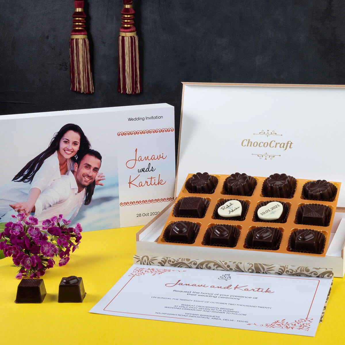 Unique printable wedding invitation with 12 edible printed chocolates