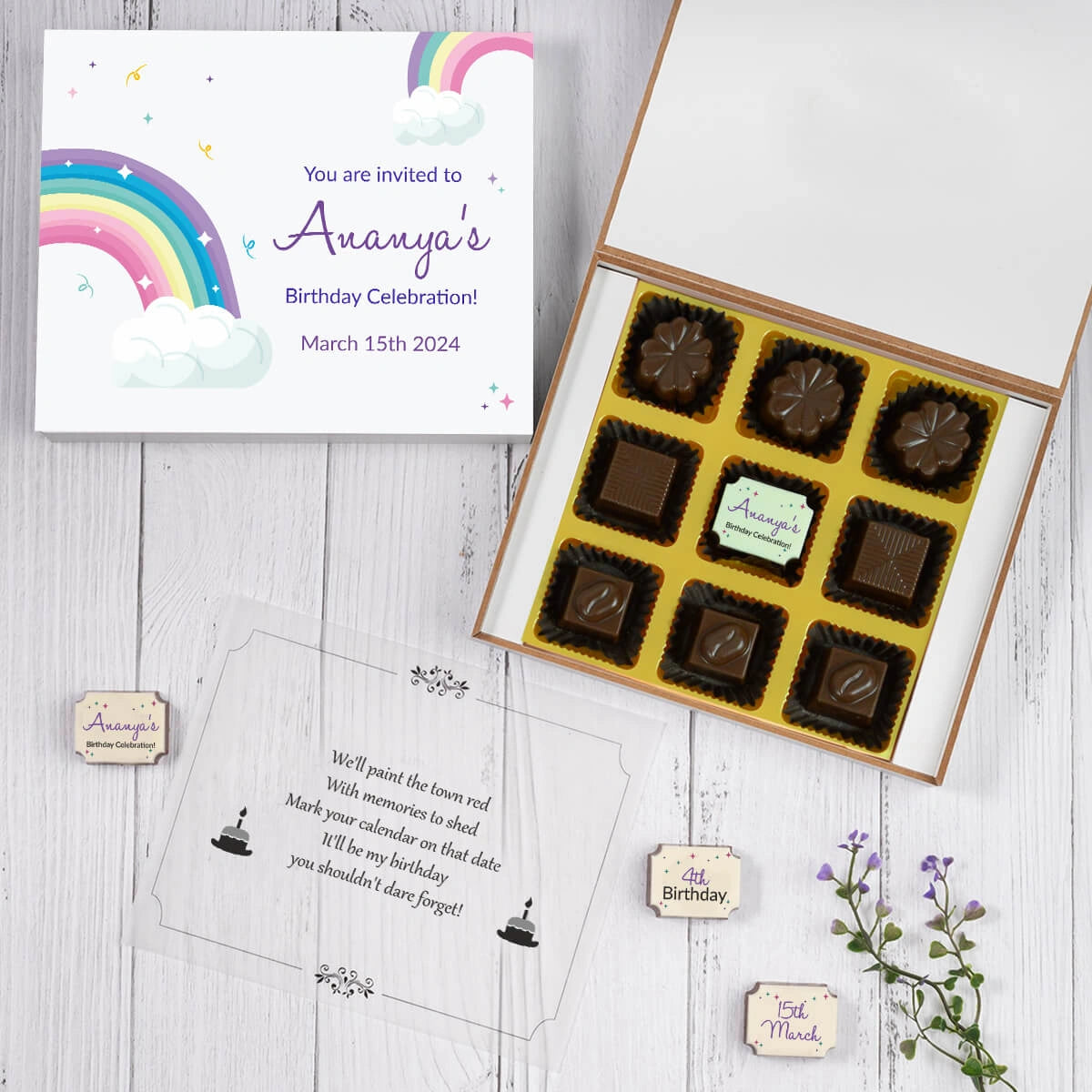 Top view of elegant 9 chocolate invitation box for birthdays