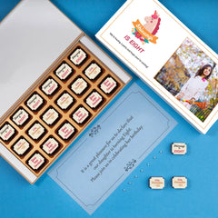 Elegant luxury birthday invitation box with 18 custom printed chocolates