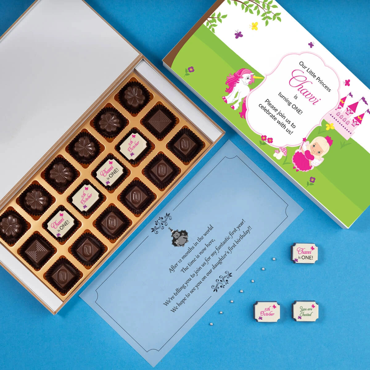 Design interface for first birthday announcement chocolate prints