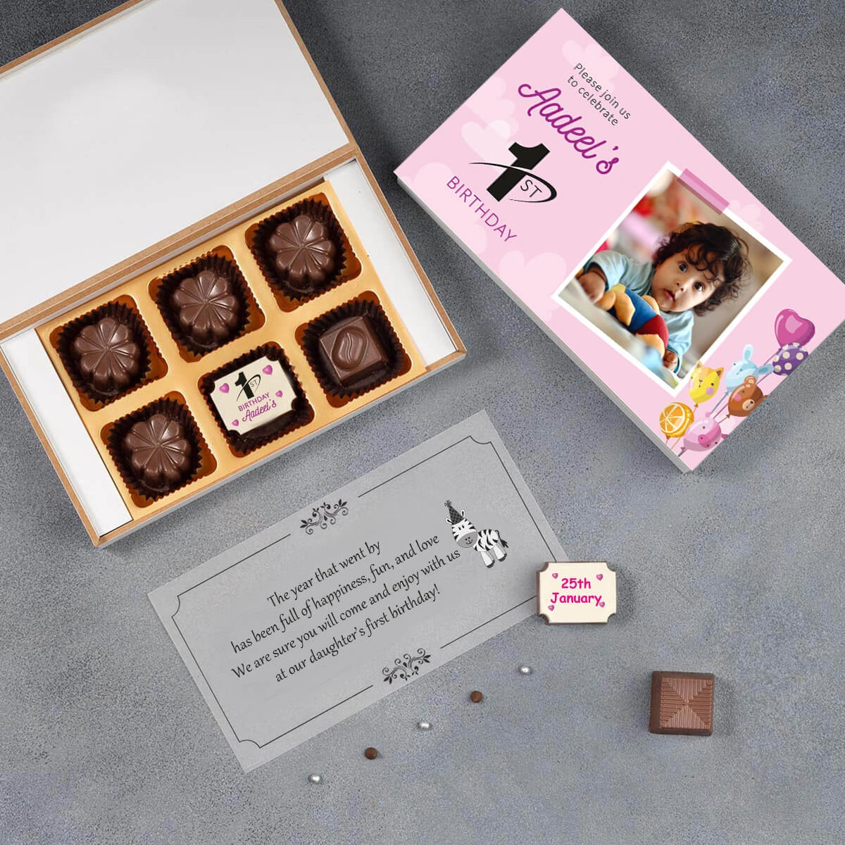 Design tool view for first birthday celebration invitation chocolates