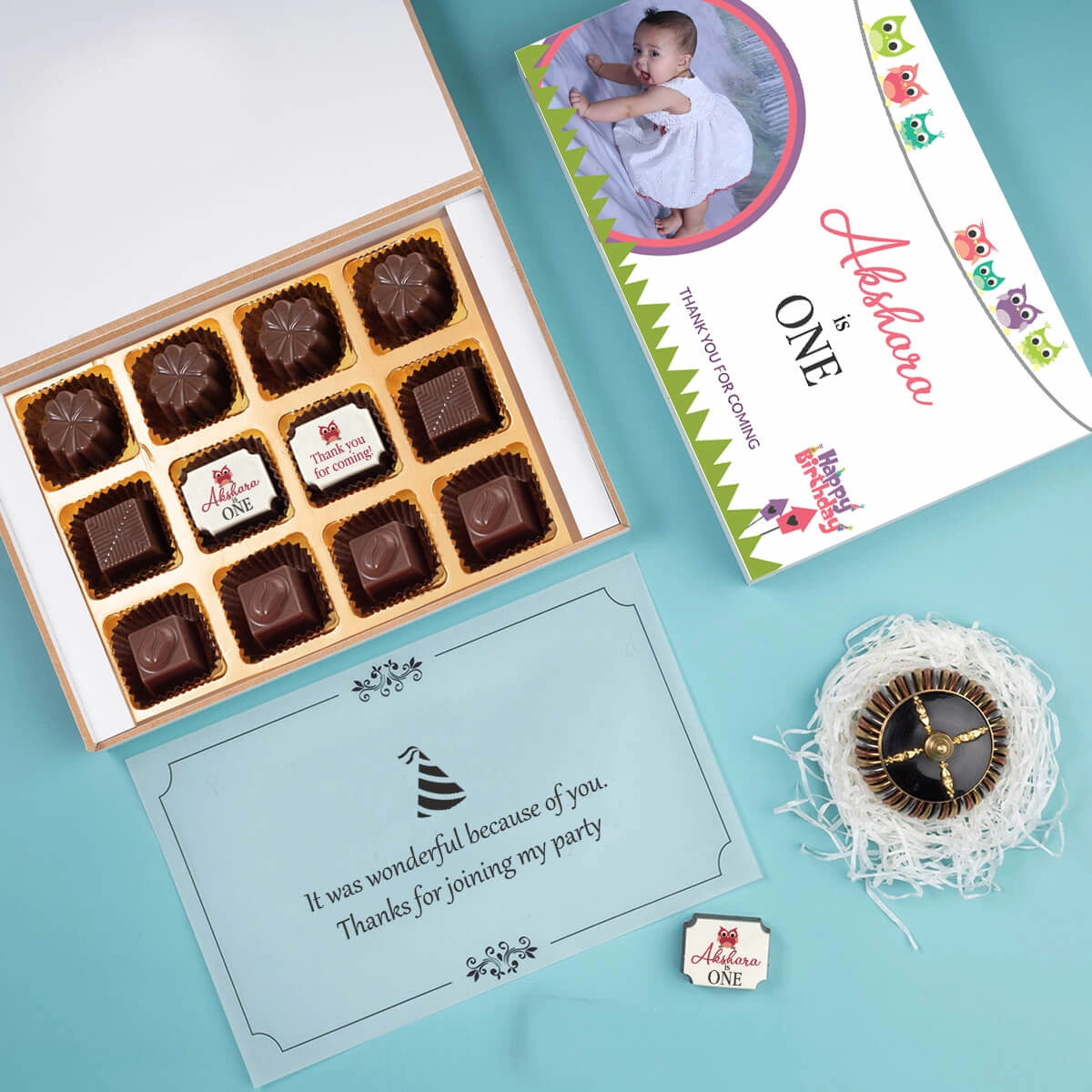 Close-up printed chocolate for adult first birthday favors