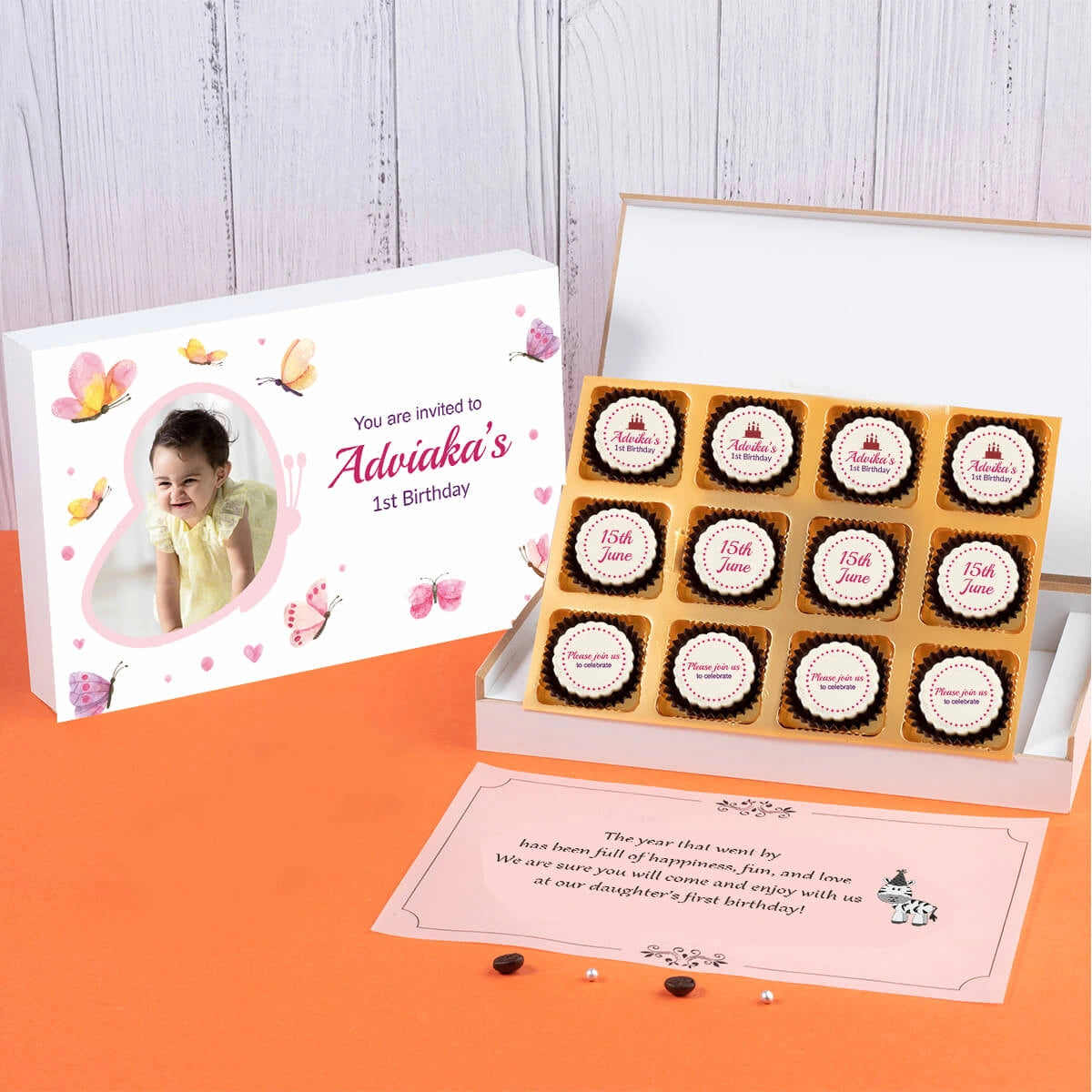 Design template for first birthday invitation card with photo