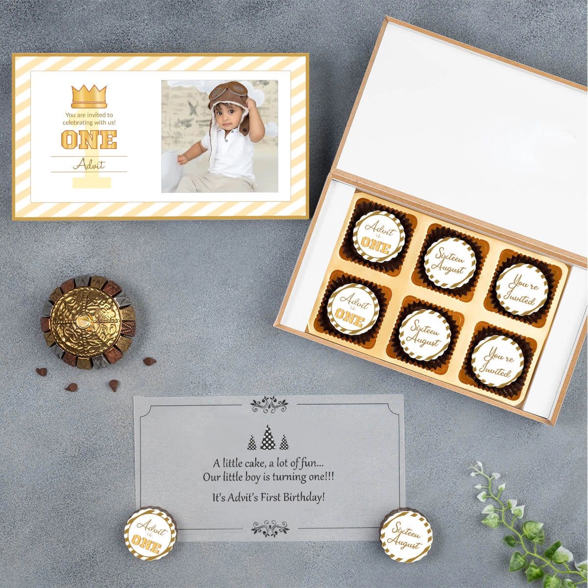 Wooden box front for first birthday invitation with photo sample