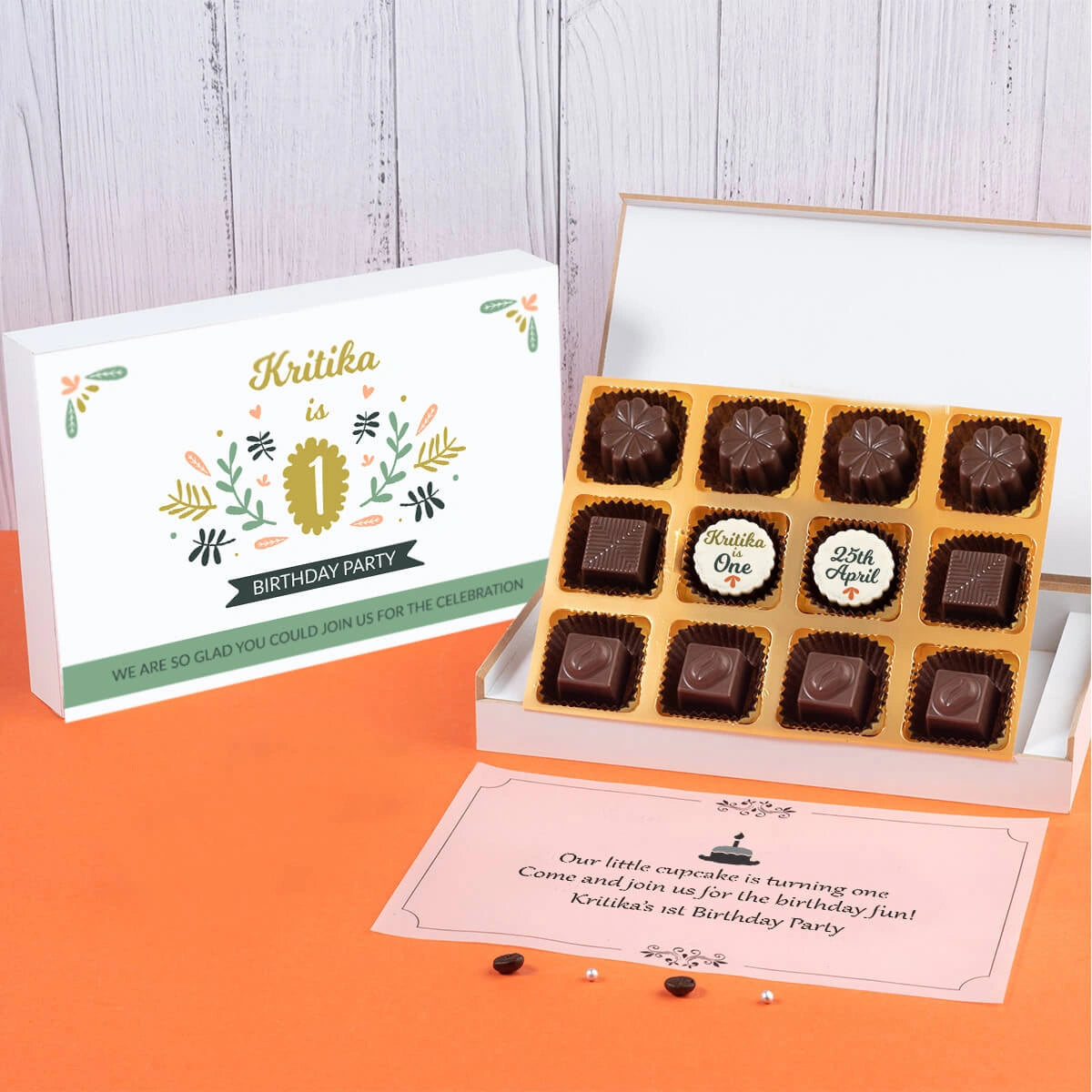 Close-up of chocolate print for first birthday party card