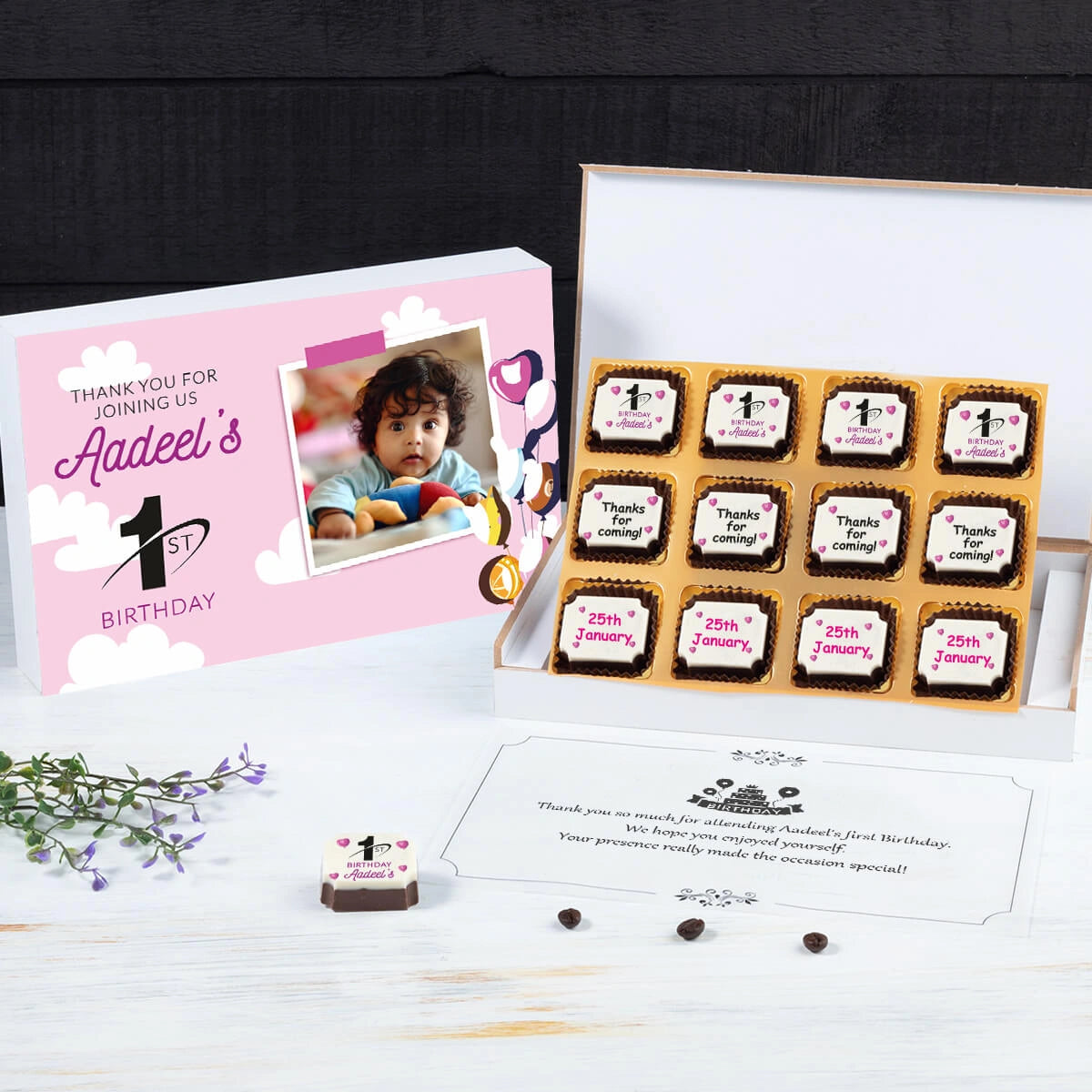 Open 12-chocolate box for first birthday return gift ideas for adults