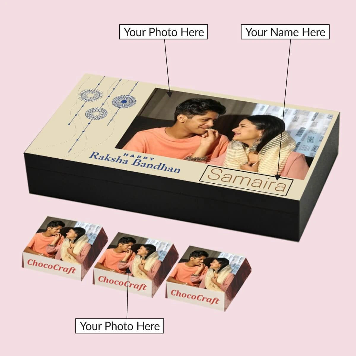 Flat-lay displaying rakhi gift box items