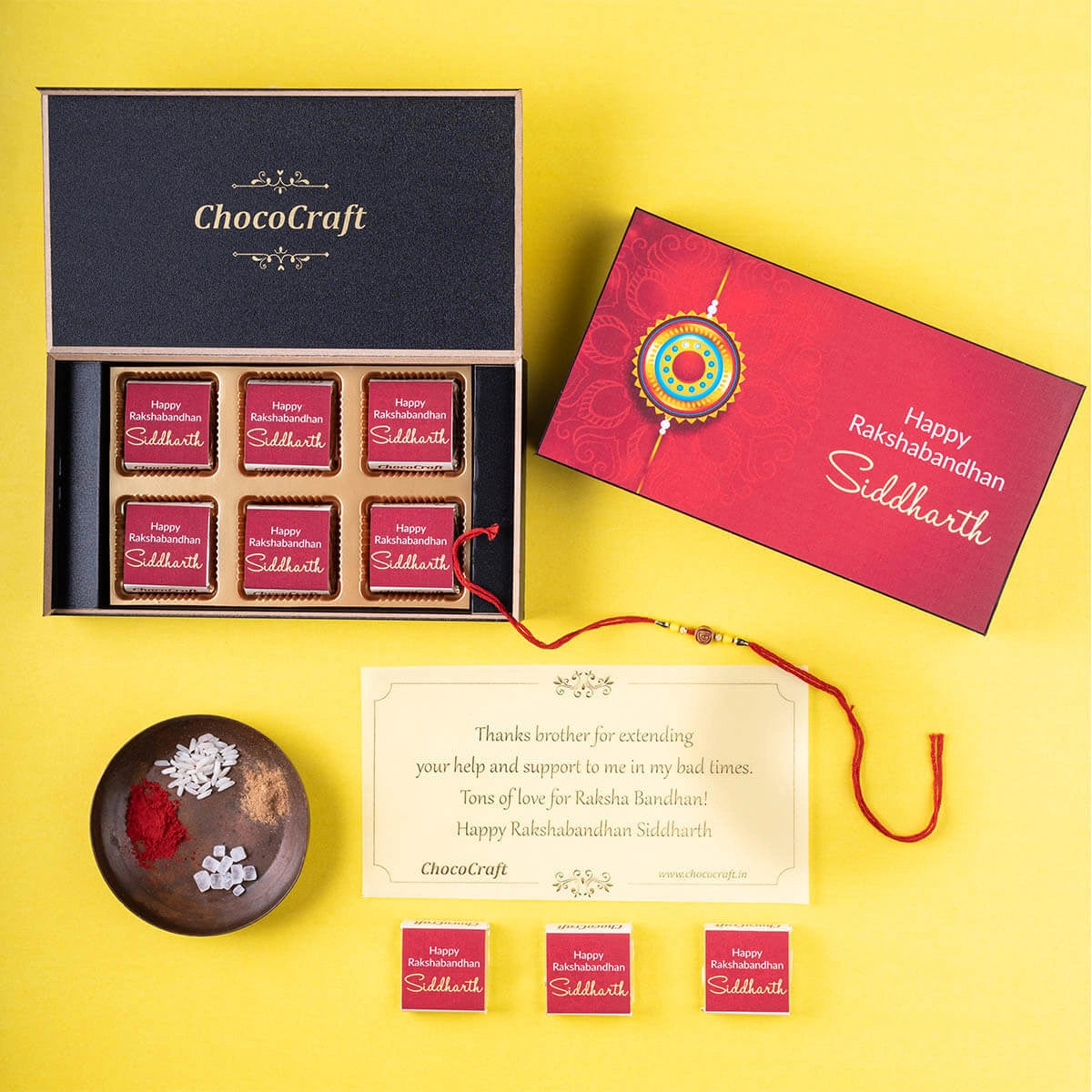 Flat-lay highlighting unique rakhi gifts selection