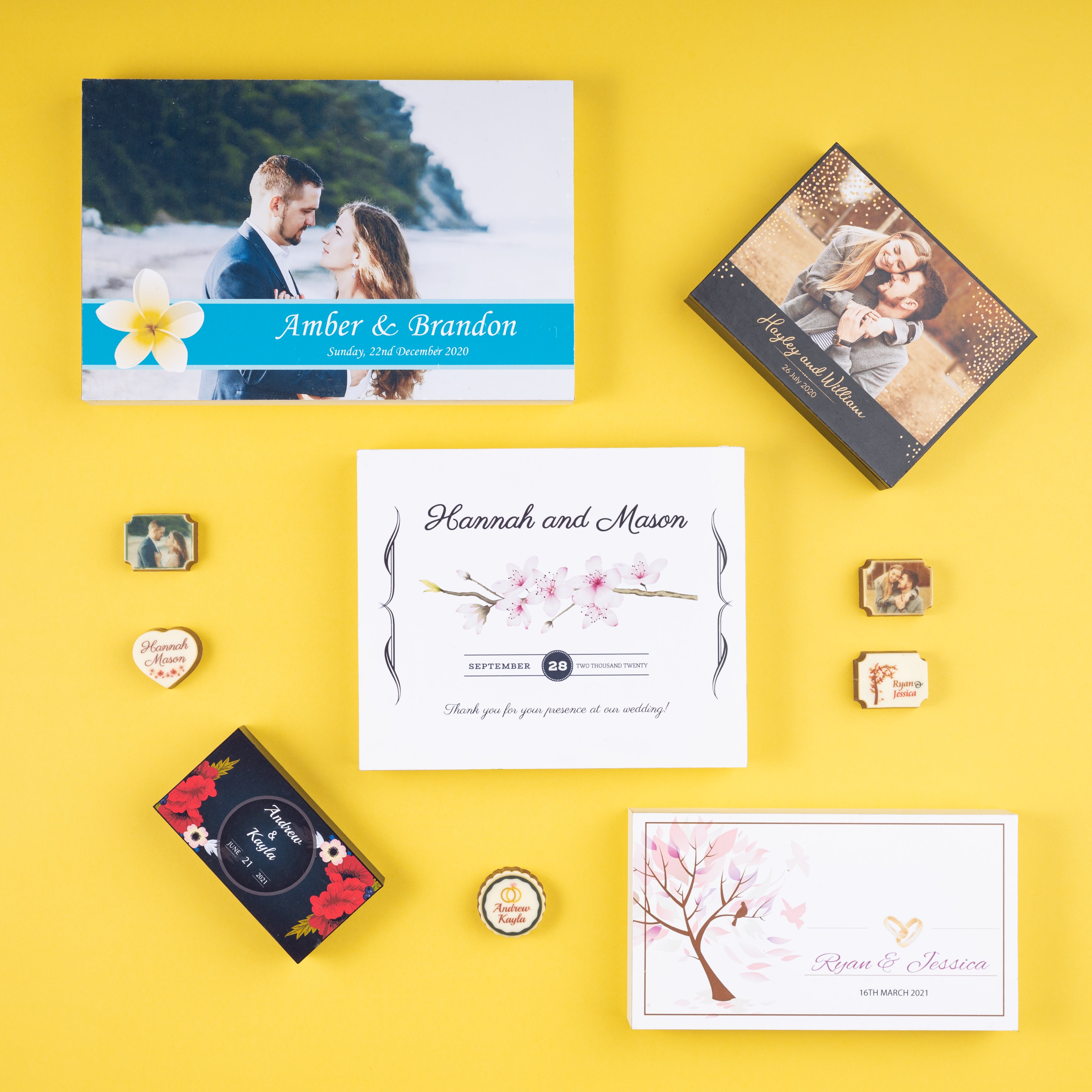 Four printed chocolates in custom wooden wedding gift box