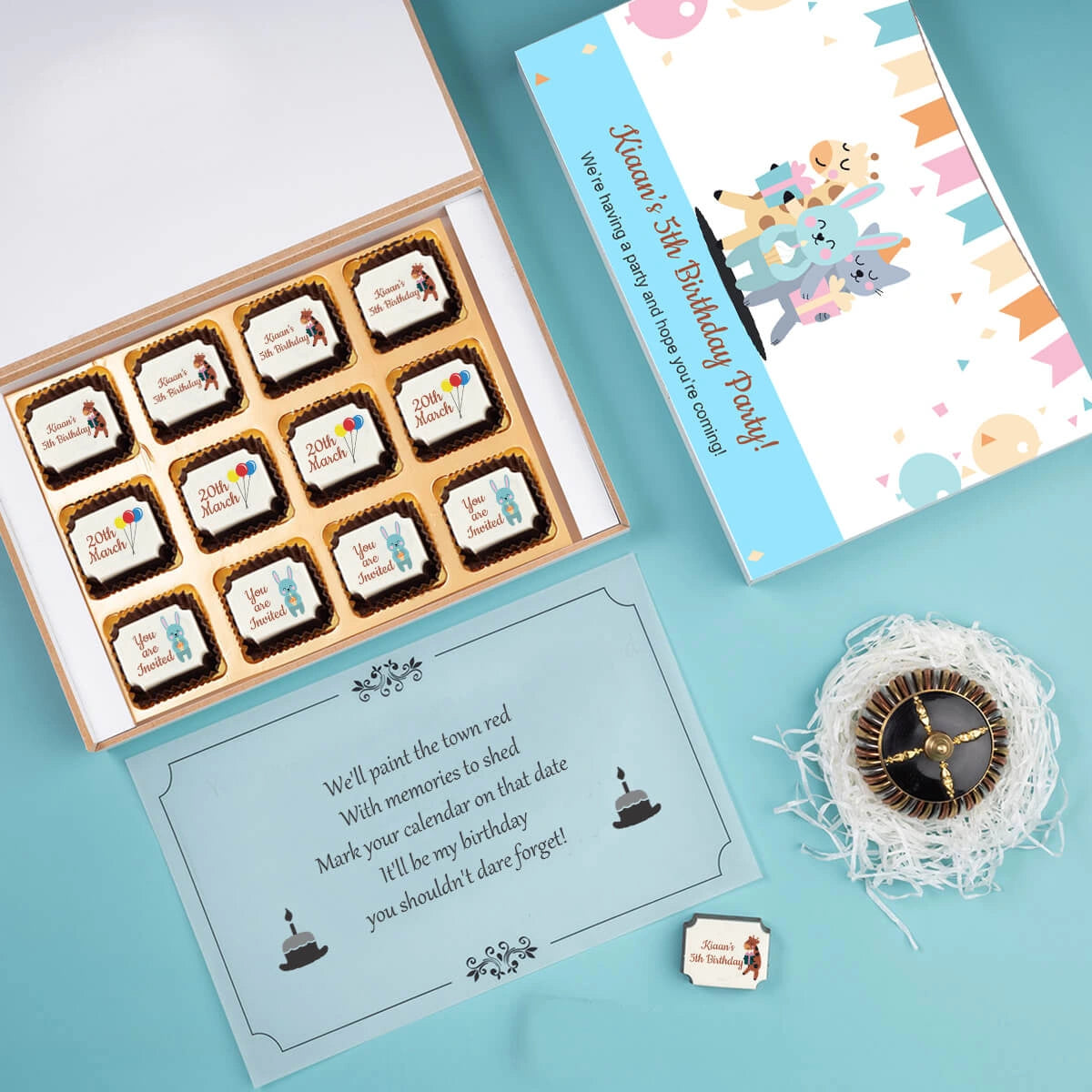 Birthday party invitation box for friends with edible printed chocolates