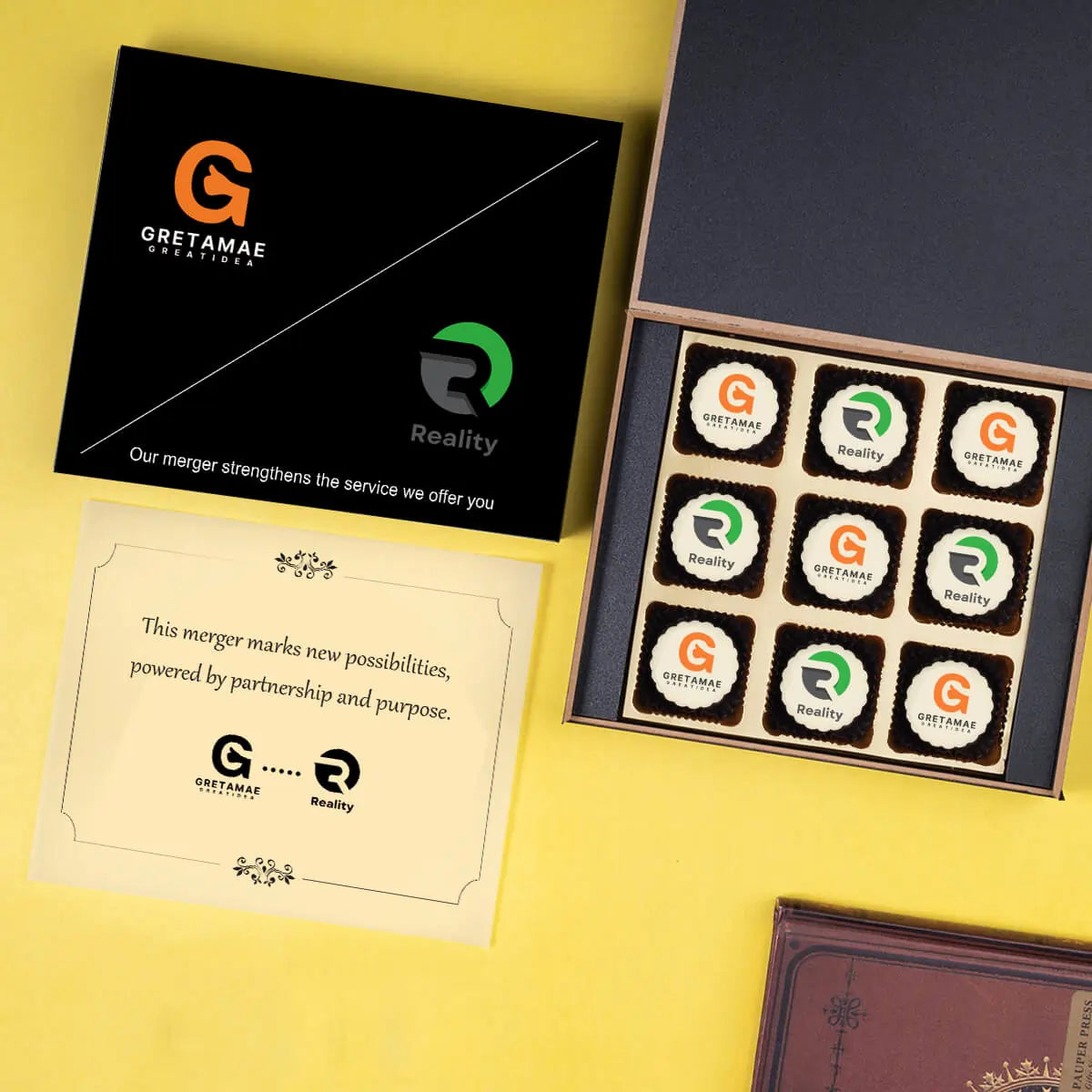 Branded gift box with butter paper message and logo chocolates for M&A 