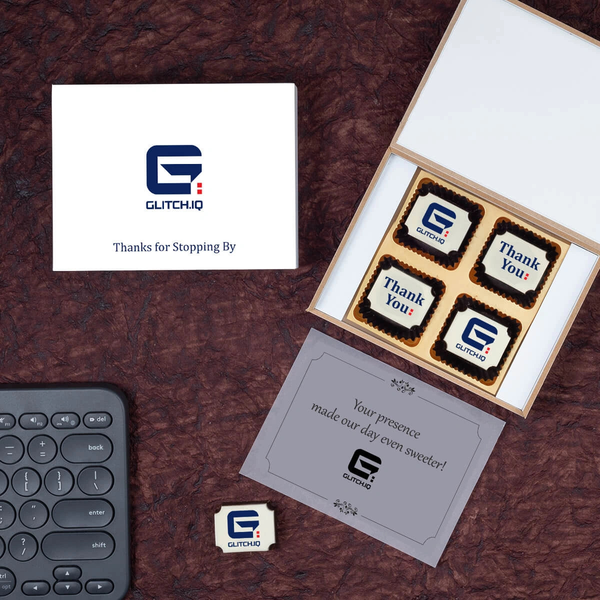 custom logo chocolates arranged inside a premium wooden giveaway box for expo visitors