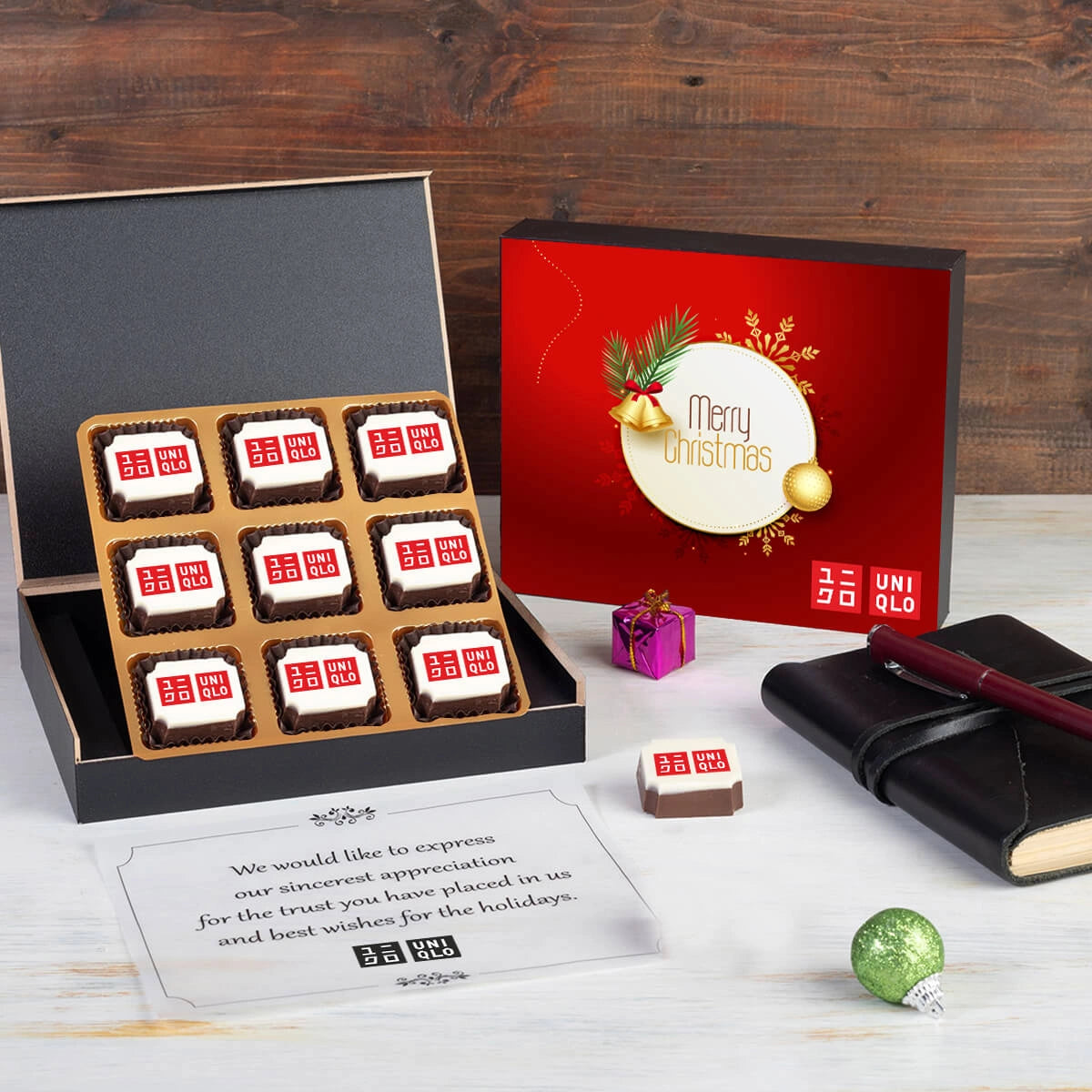 Custom 9-piece chocolate box regarded as good company Christmas gifts for clients